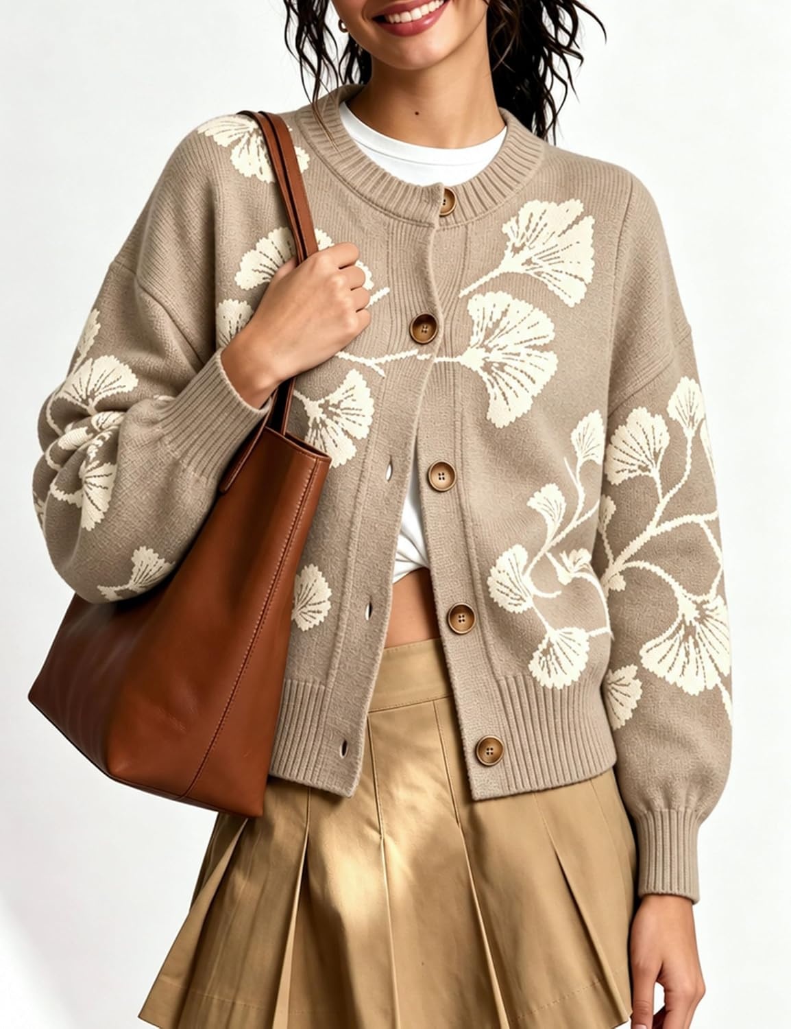 image:imageSpringrain Womens Floral Cardigan Crew Neck Button Down Knit SweaterKhaki