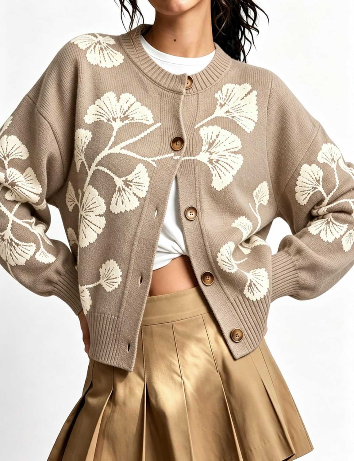image:imageSpringrain Womens Floral Cardigan Crew Neck Button Down Knit SweaterKhaki