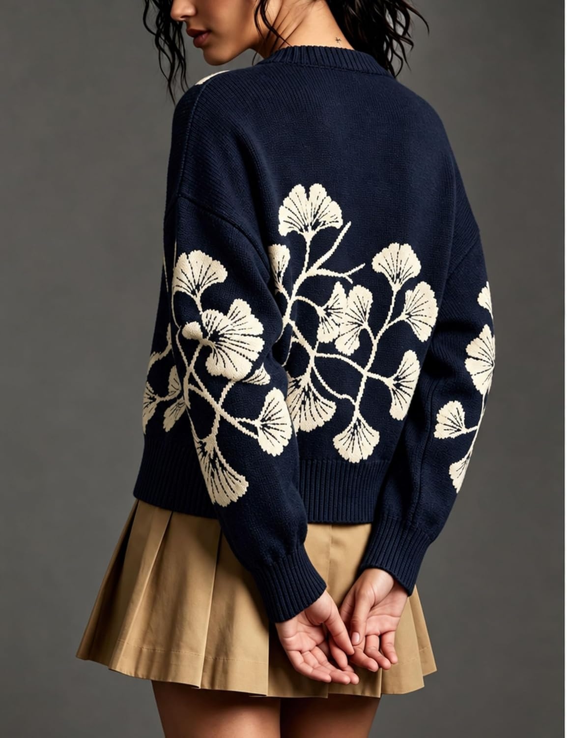 image:imageSpringrain Womens Floral Cardigan Crew Neck Button Down Knit SweaterNavy
