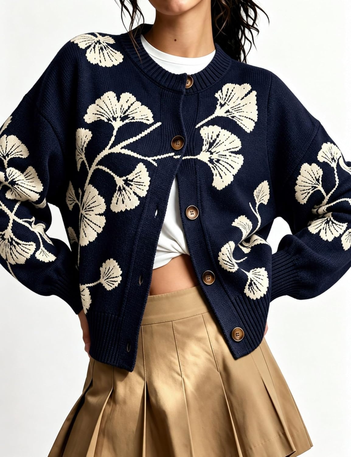 image:imageSpringrain Womens Floral Cardigan Crew Neck Button Down Knit SweaterNavy