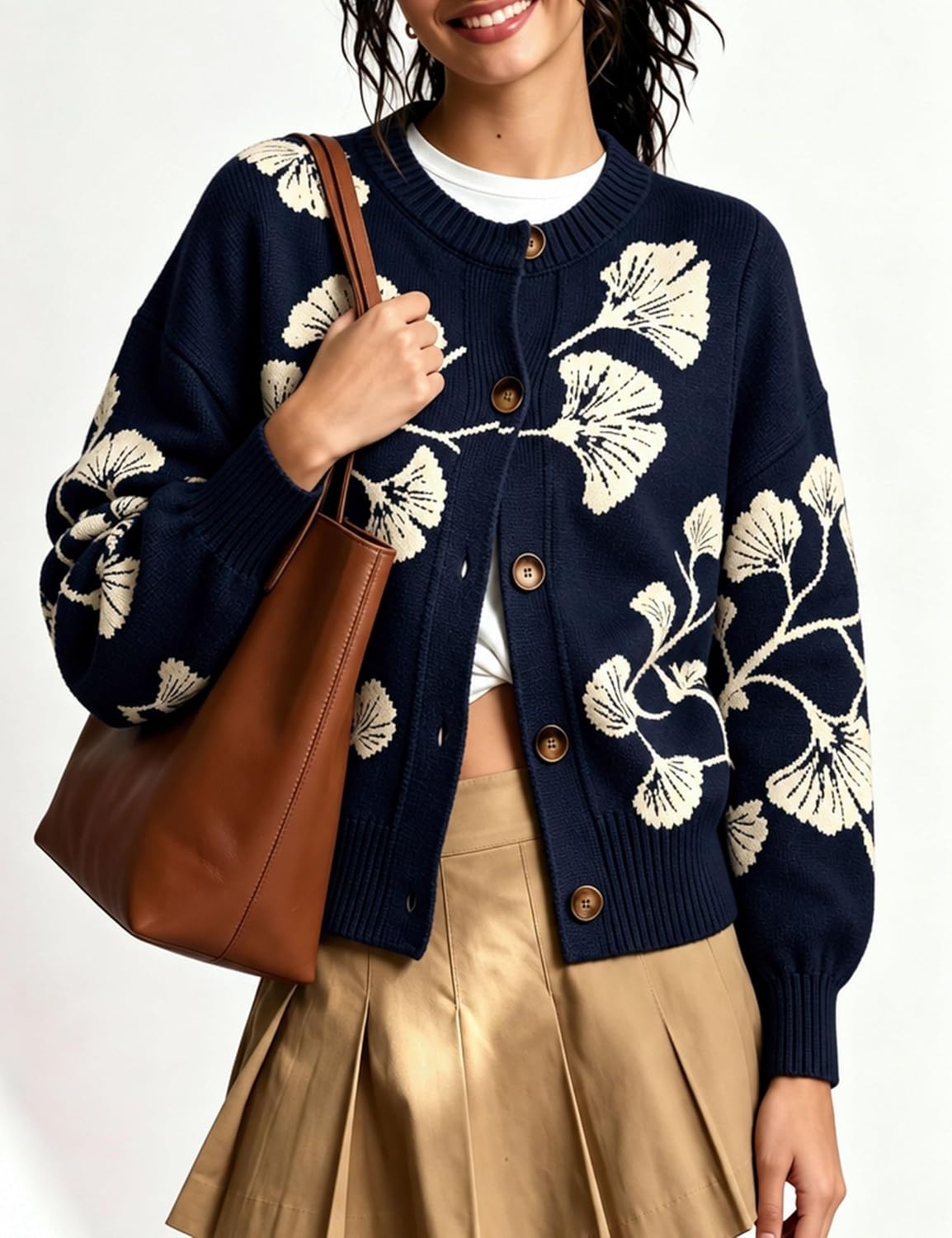 image:imageSpringrain Womens Floral Cardigan Crew Neck Button Down Knit SweaterNavy