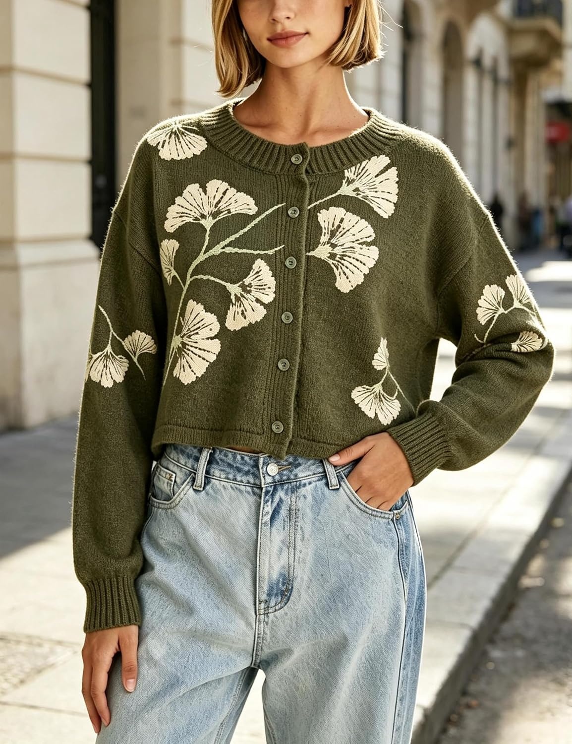 image:imageSpringrain Womens Floral Cropped Cardigan V Neck Button Down Knit SweaterArmygreen
