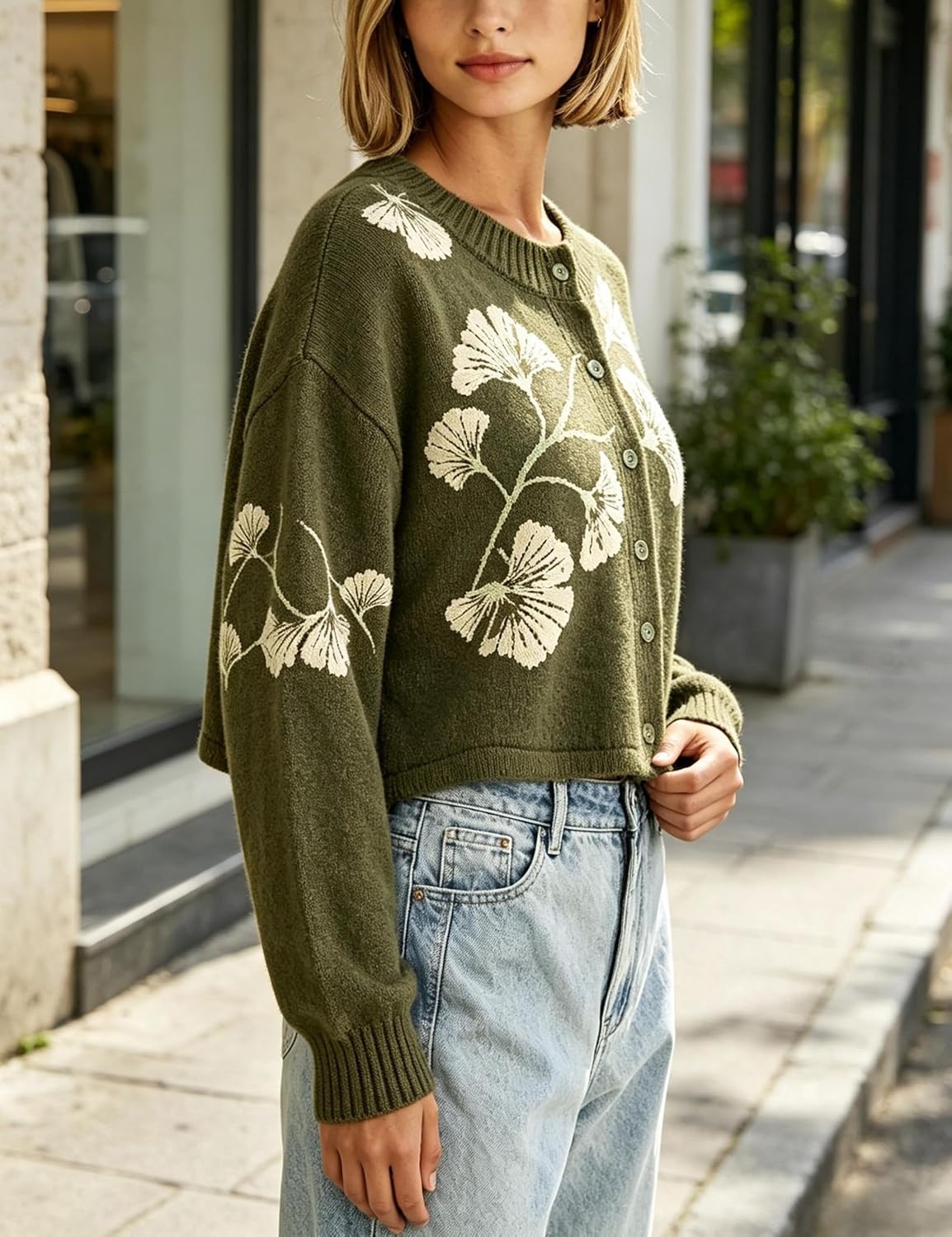image:imageSpringrain Womens Floral Cropped Cardigan V Neck Button Down Knit SweaterArmygreen