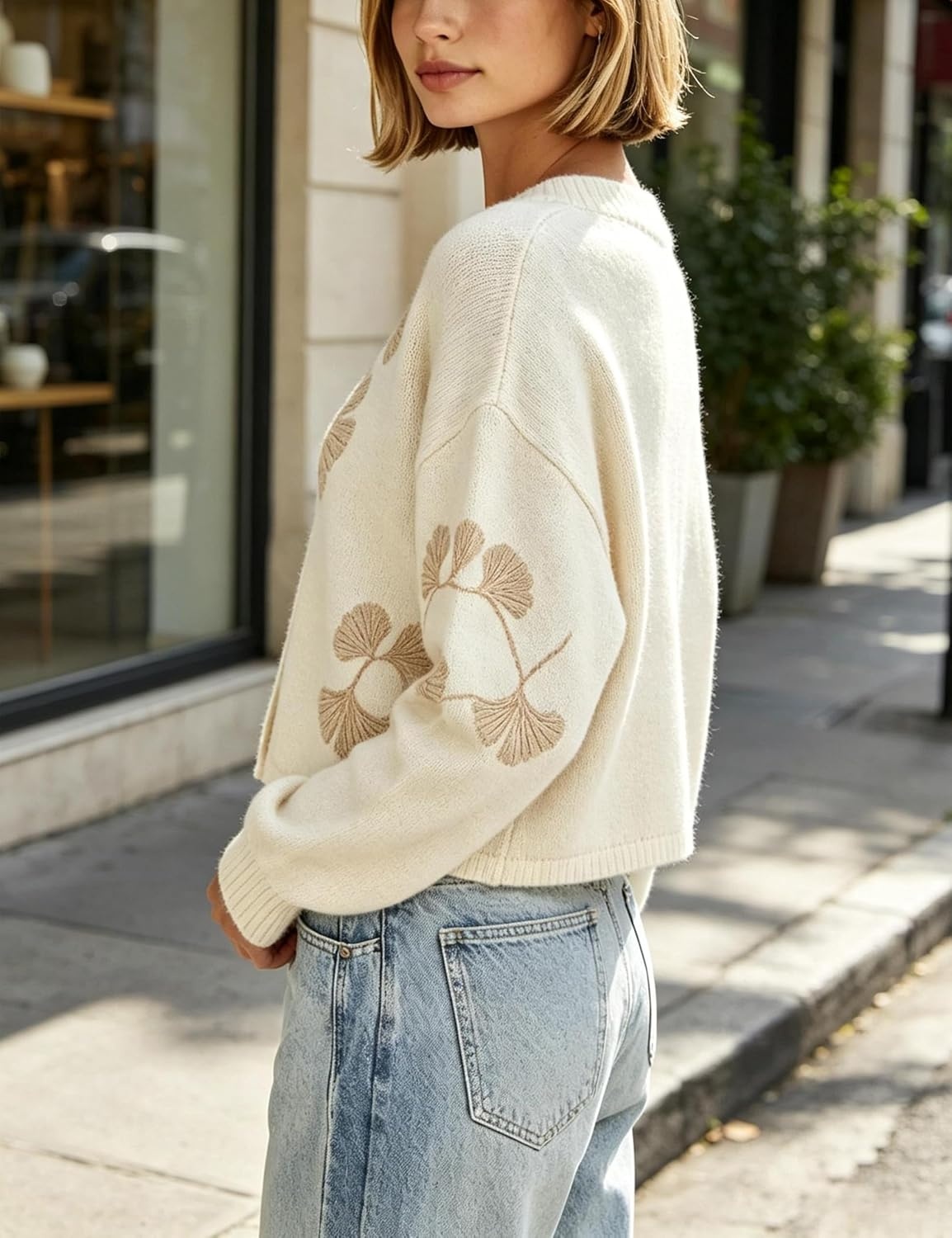 image:imageSpringrain Womens Floral Cropped Cardigan V Neck Button Down Knit SweaterBeige