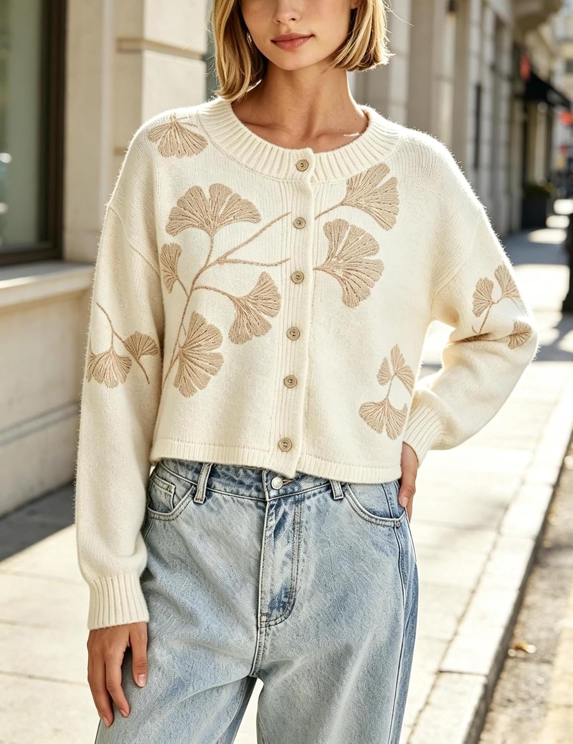 image:imageSpringrain Womens Floral Cropped Cardigan V Neck Button Down Knit SweaterBeige