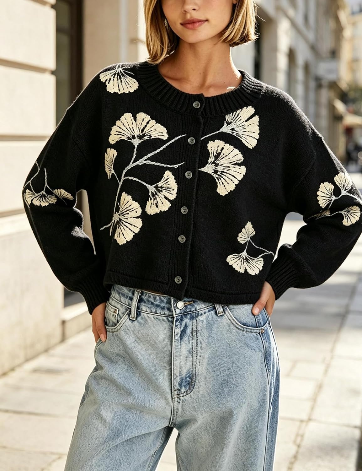 image:imageSpringrain Womens Floral Cropped Cardigan V Neck Button Down Knit SweaterBlack