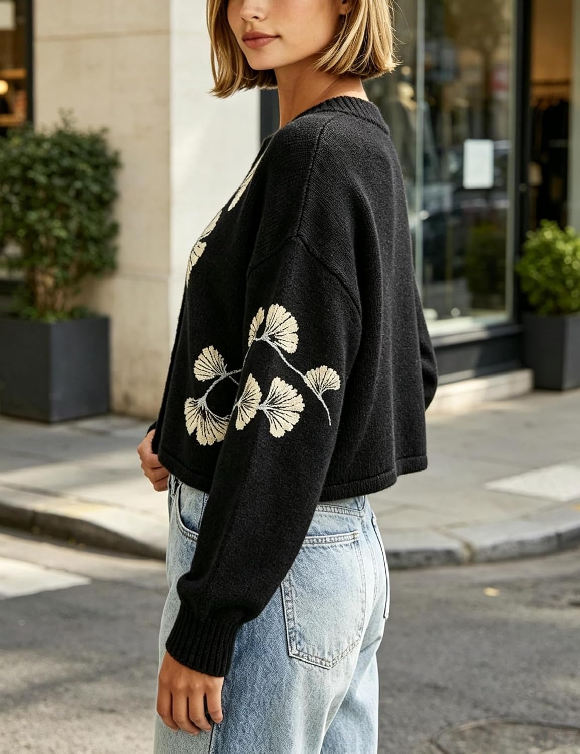 image:imageSpringrain Womens Floral Cropped Cardigan V Neck Button Down Knit SweaterBlack