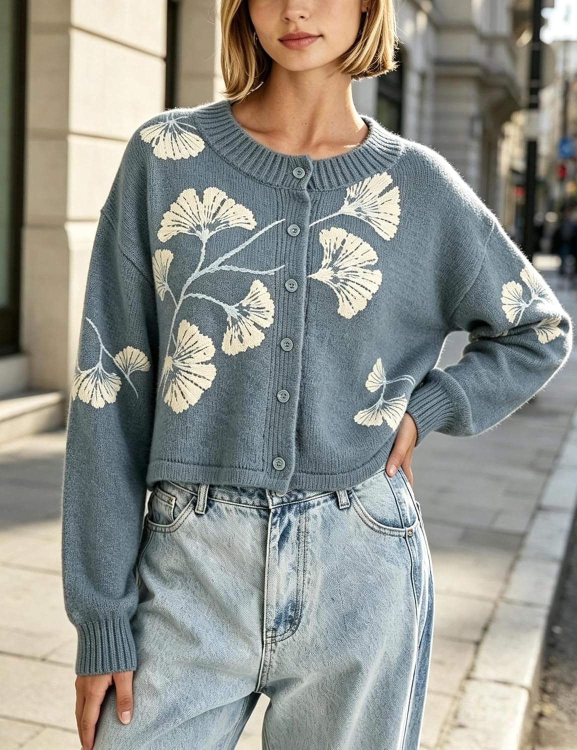 image:imageSpringrain Womens Floral Cropped Cardigan V Neck Button Down Knit SweaterDustyblue