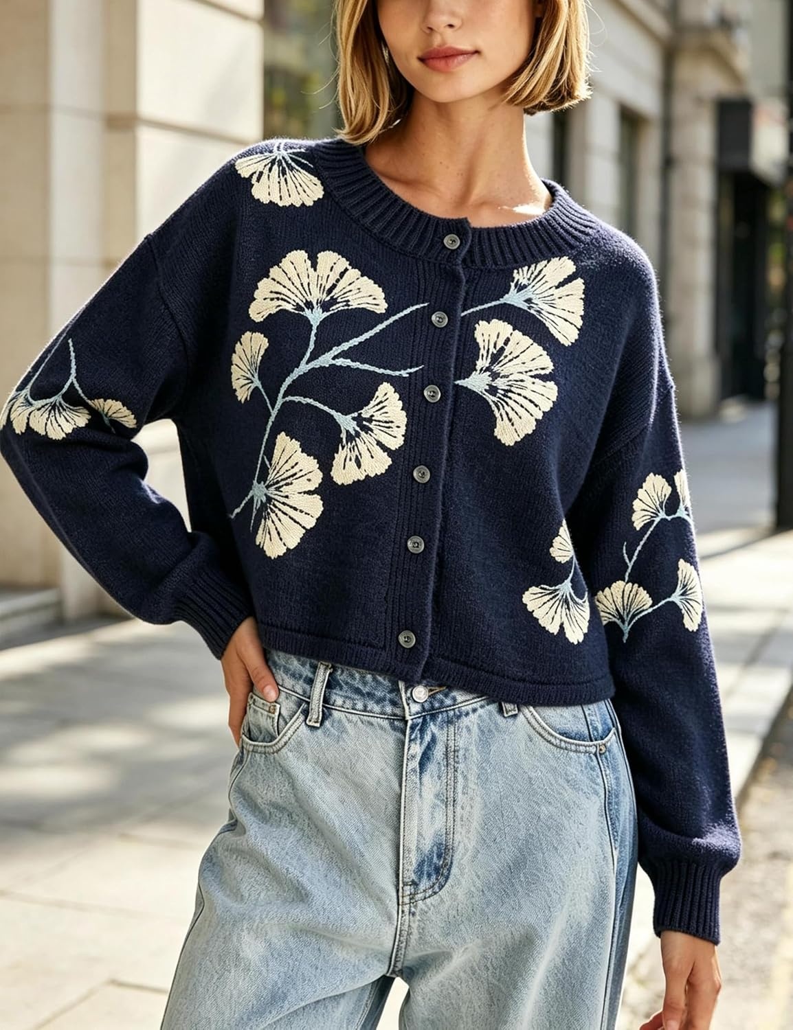 image:imageSpringrain Womens Floral Cropped Cardigan V Neck Button Down Knit SweaterNavy