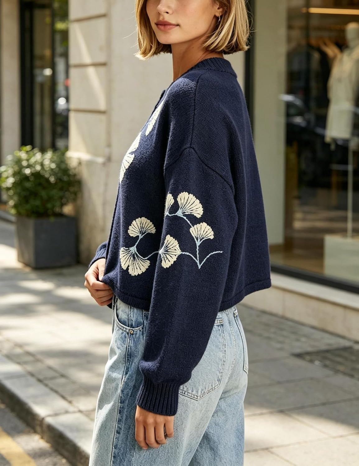 image:imageSpringrain Womens Floral Cropped Cardigan V Neck Button Down Knit SweaterNavy