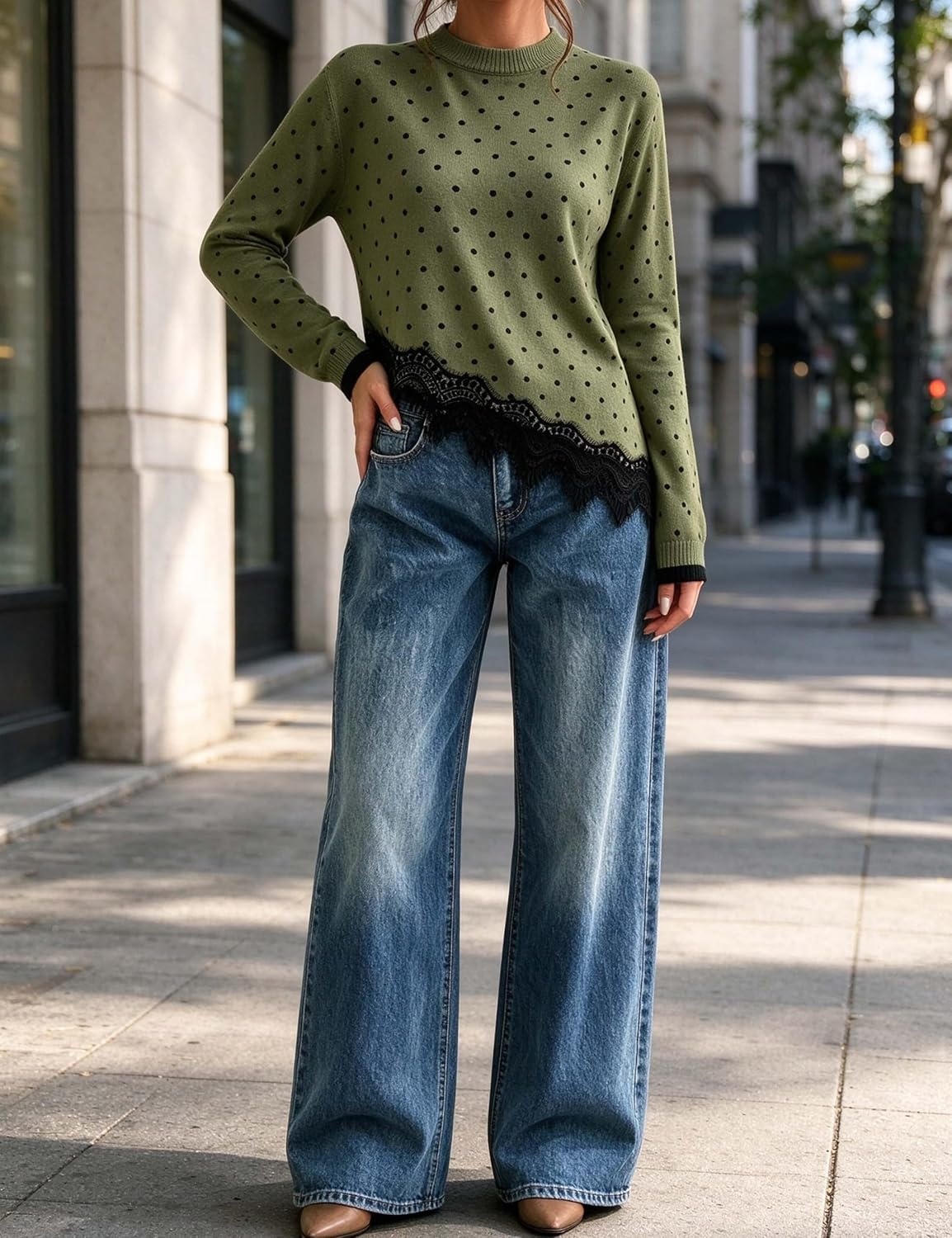 image:imageSpringrain Womens Polka Dot Sweater Long Sleeve Lace Trim Knit TopArmygreen
