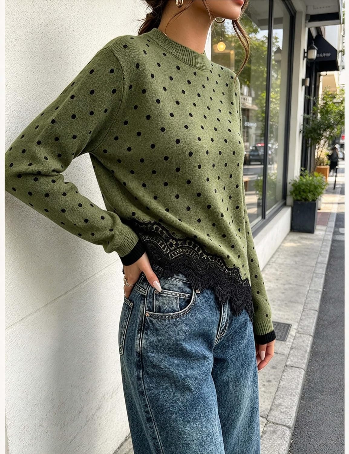 image:imageSpringrain Womens Polka Dot Sweater Long Sleeve Lace Trim Knit TopArmygreen