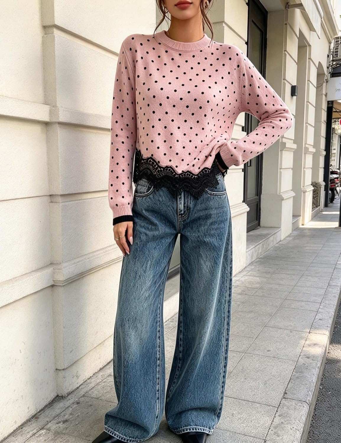 image:imageSpringrain Womens Polka Dot Sweater Long Sleeve Lace Trim Knit TopPink
