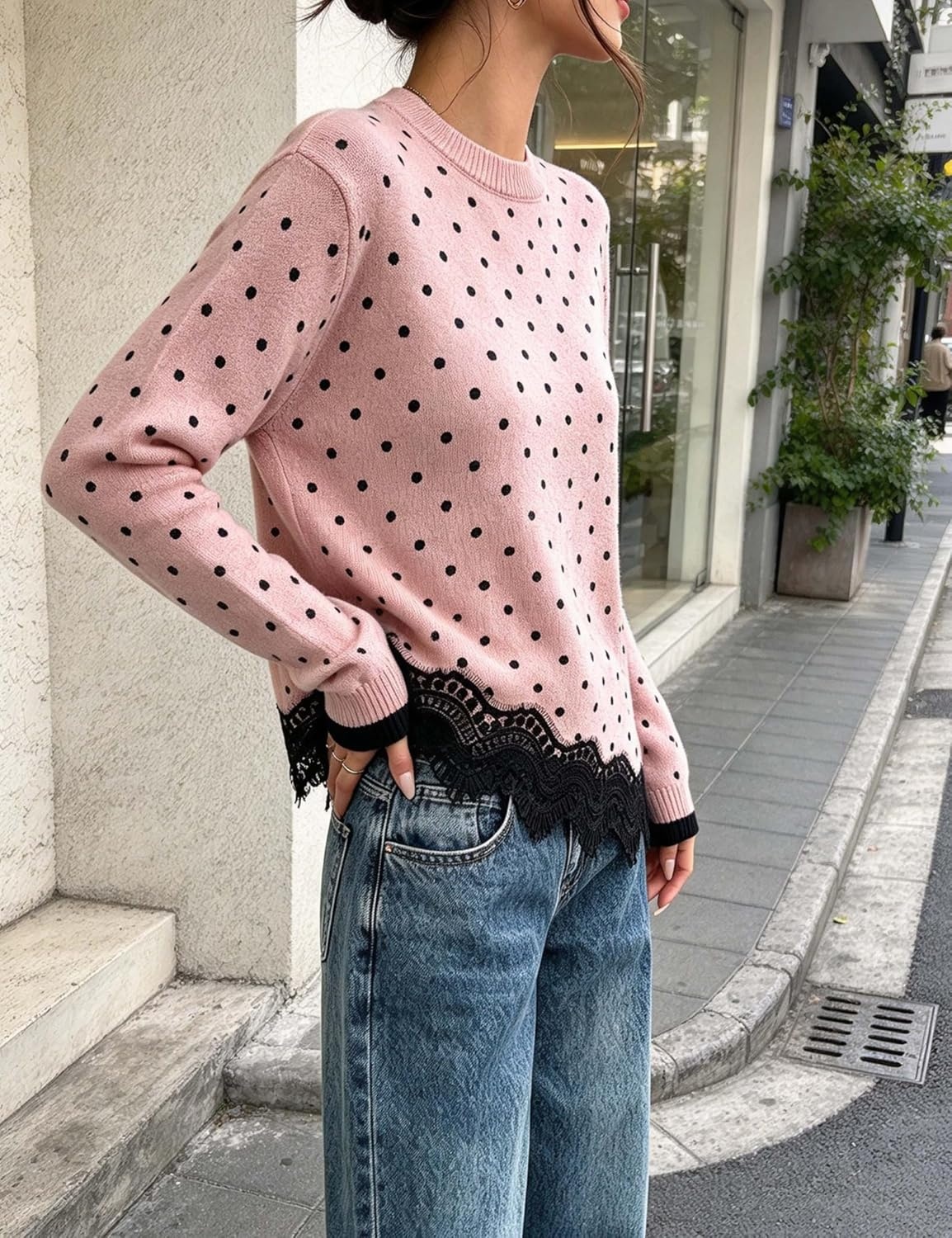 image:imageSpringrain Womens Polka Dot Sweater Long Sleeve Lace Trim Knit TopPink