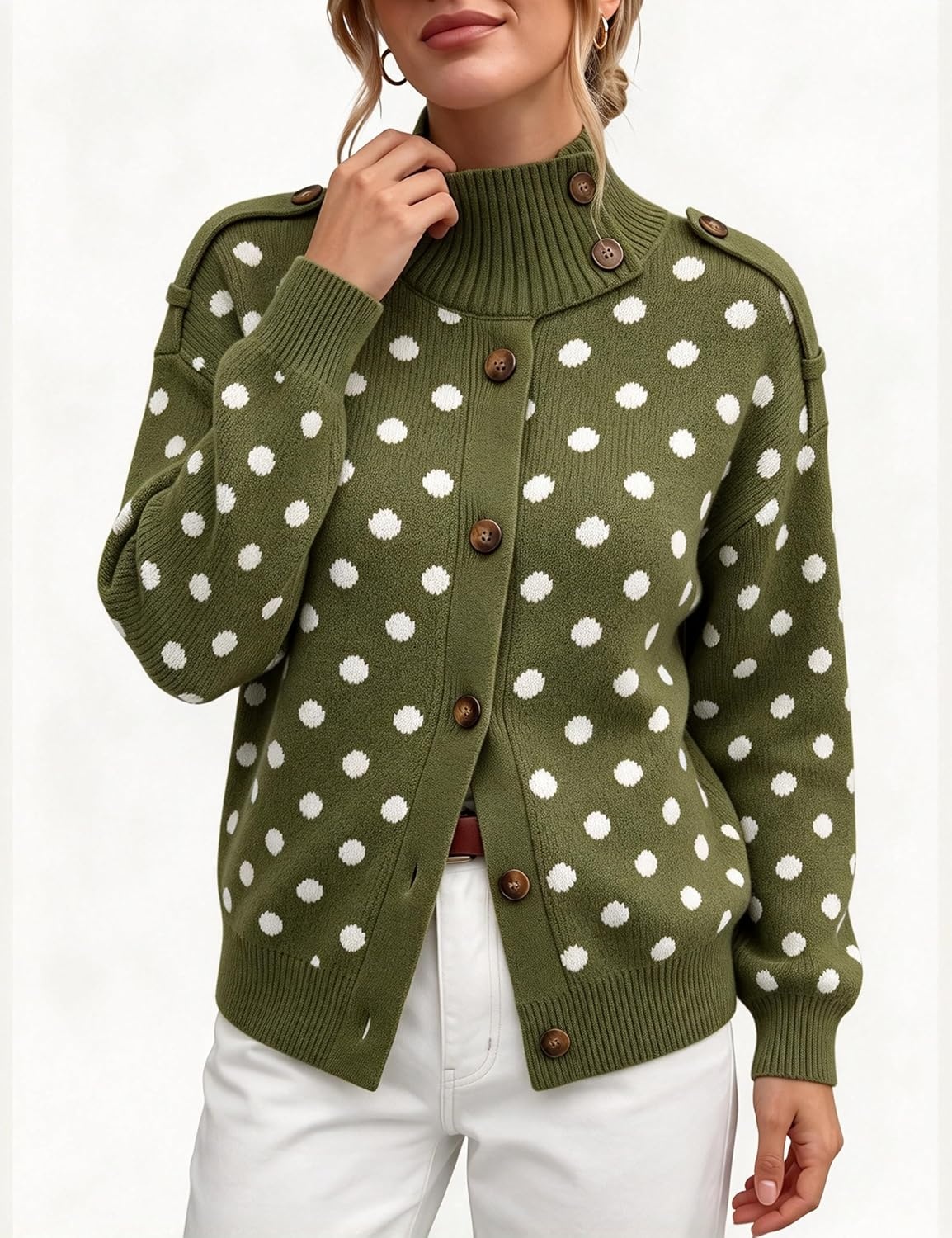 image:imageSpringrain Womens Polka Dot Turtleneck Ribbed Knit Button Cardigan SweaterArmygreen