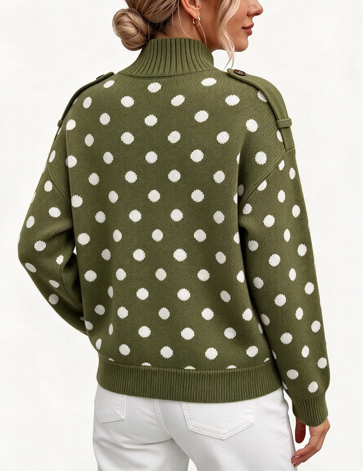image:imageSpringrain Womens Polka Dot Turtleneck Ribbed Knit Button Cardigan SweaterArmygreen