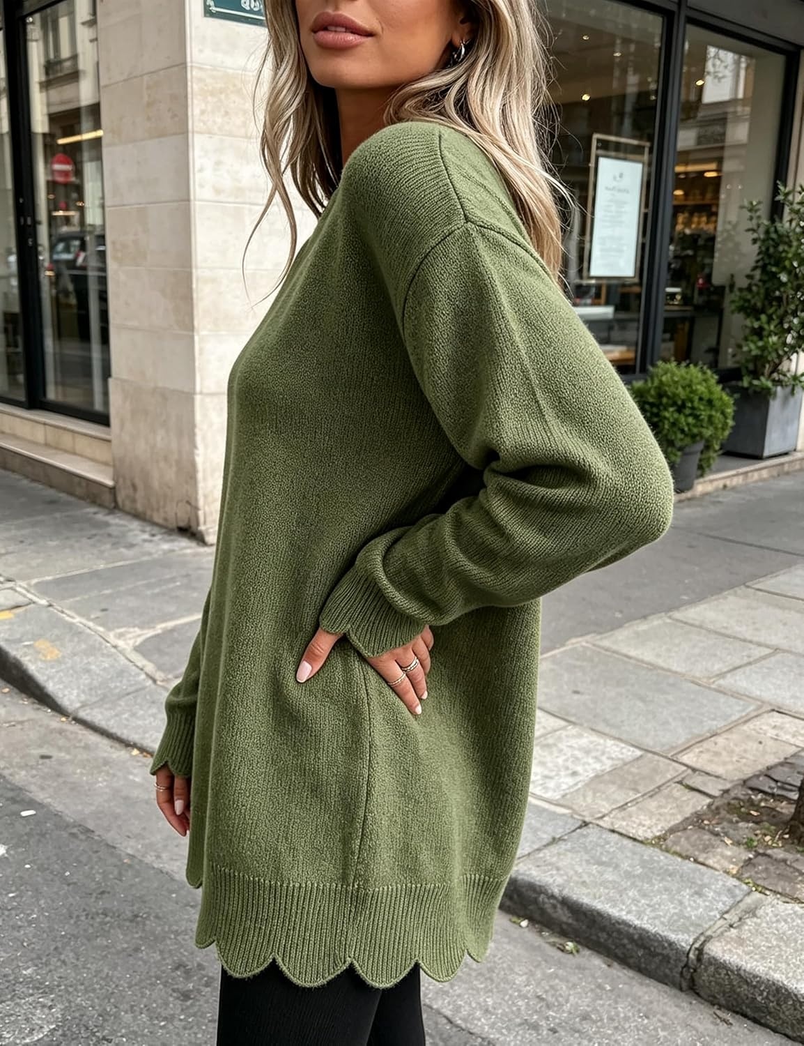 image:imageSpringrain Womens Scalloped Trim Sweater Crew Neck Long Sleeve Knit TopArmygreen