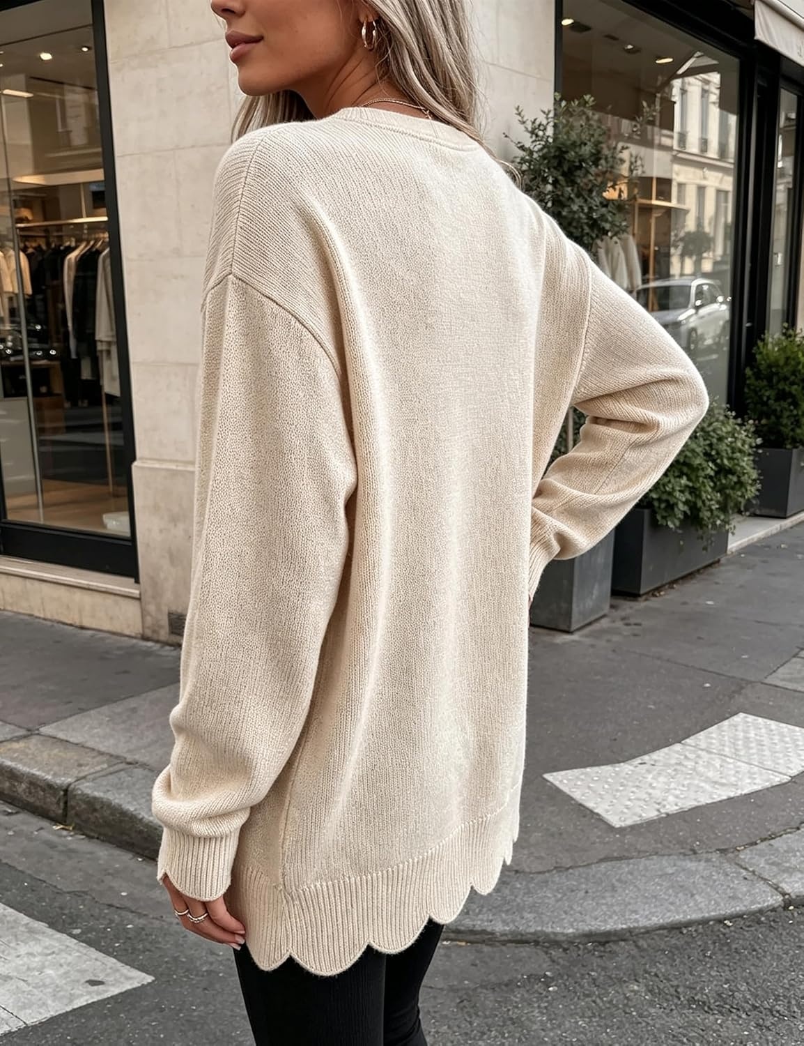 image:imageSpringrain Womens Scalloped Trim Sweater Crew Neck Long Sleeve Knit TopBeige