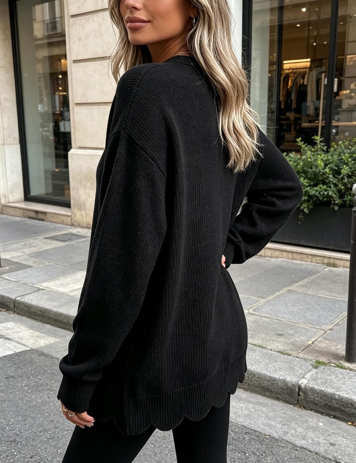 image:imageSpringrain Womens Scalloped Trim Sweater Crew Neck Long Sleeve Knit TopBlack