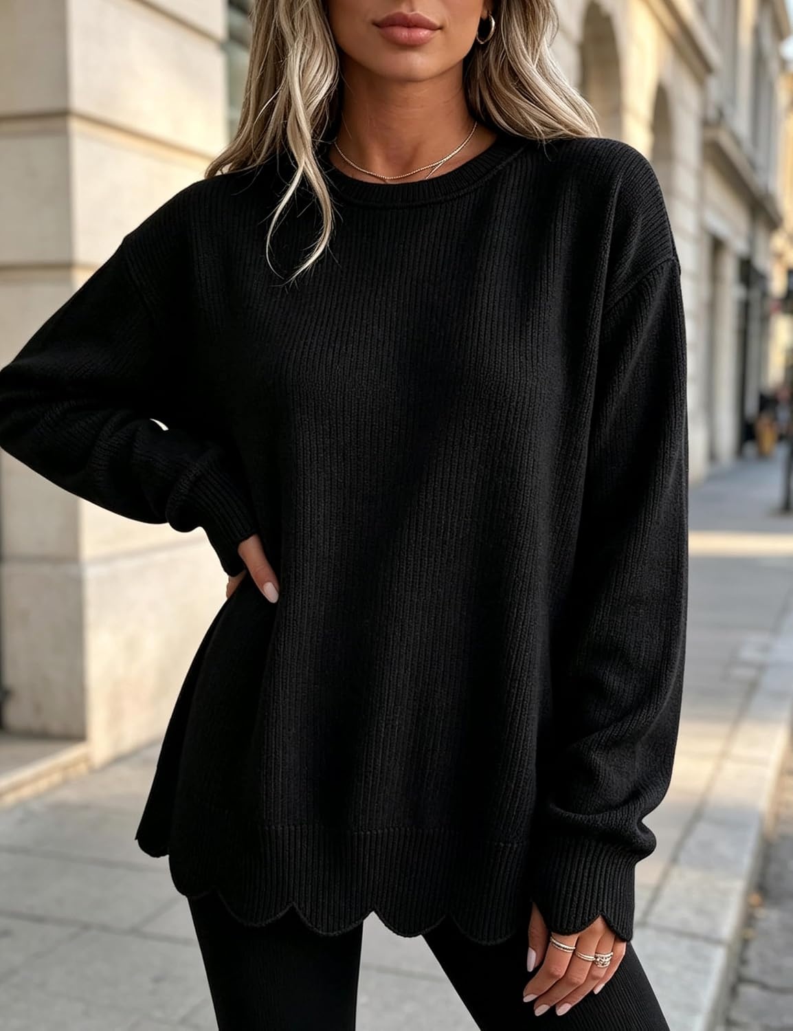 image:imageSpringrain Womens Scalloped Trim Sweater Crew Neck Long Sleeve Knit TopBlack