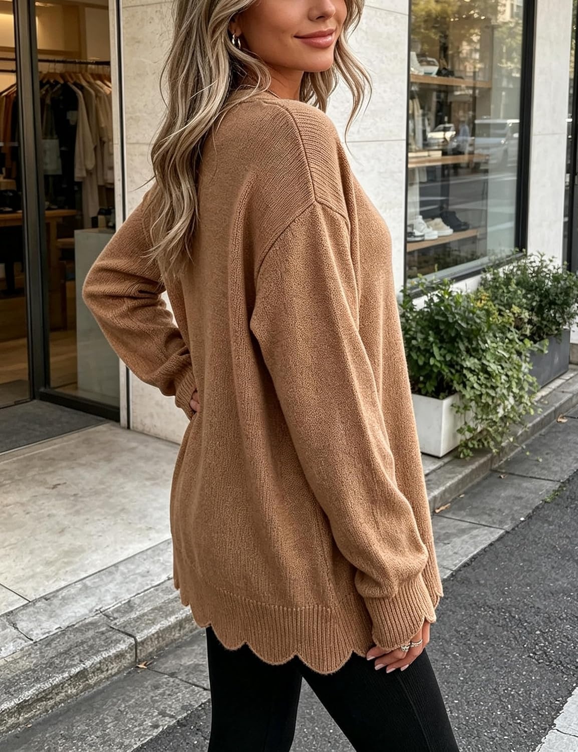 image:imageSpringrain Womens Scalloped Trim Sweater Crew Neck Long Sleeve Knit TopBrown