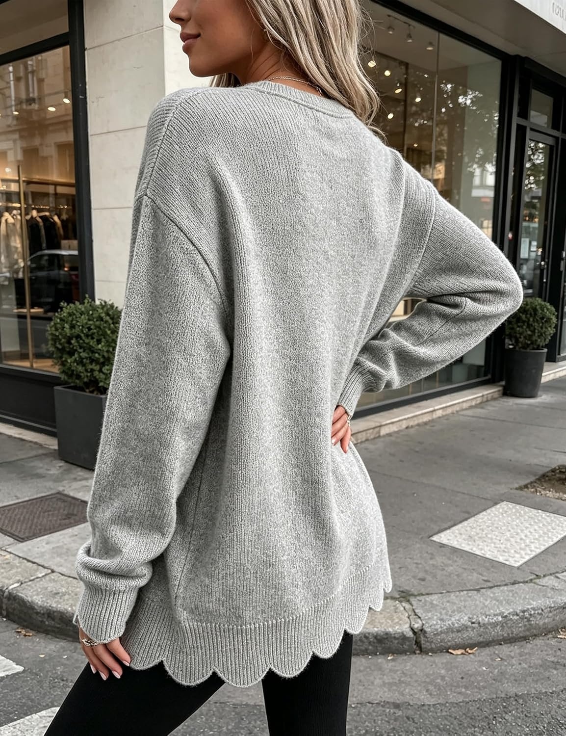 image:imageSpringrain Womens Scalloped Trim Sweater Crew Neck Long Sleeve Knit TopGrey