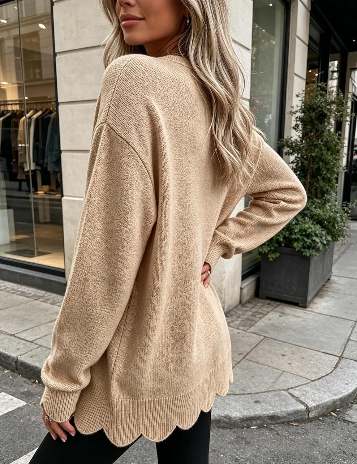 image:imageSpringrain Womens Scalloped Trim Sweater Crew Neck Long Sleeve Knit TopKhaki