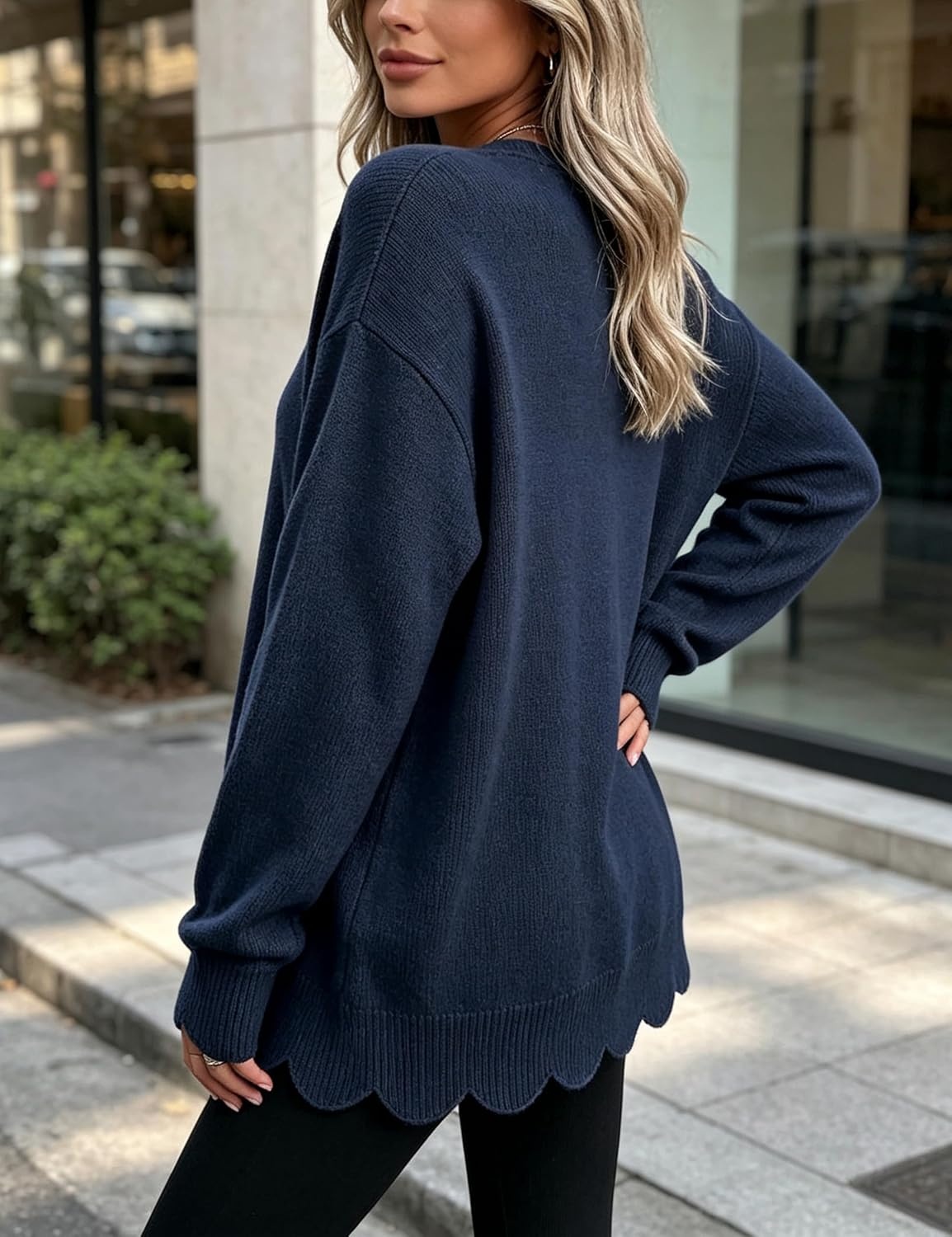 image:imageSpringrain Womens Scalloped Trim Sweater Crew Neck Long Sleeve Knit TopNavy