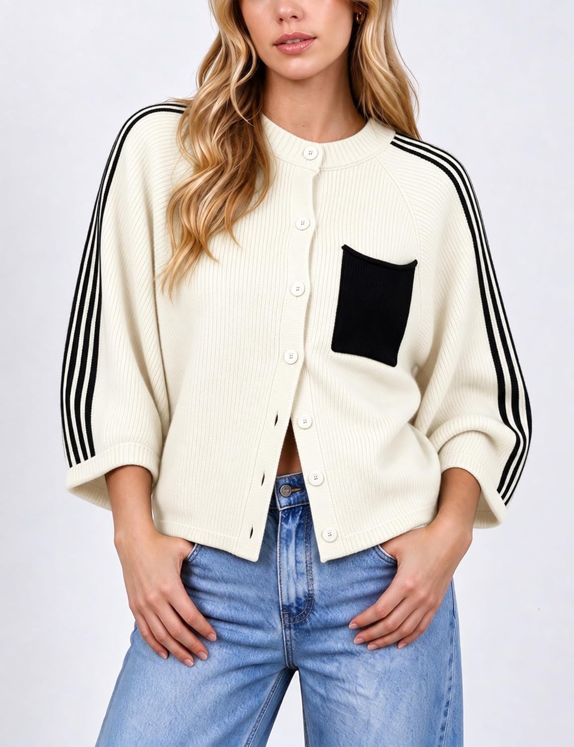 image:imageSpringrain Womens Striped Cardigan Crew Neck Button Down Knit SweaterBeige