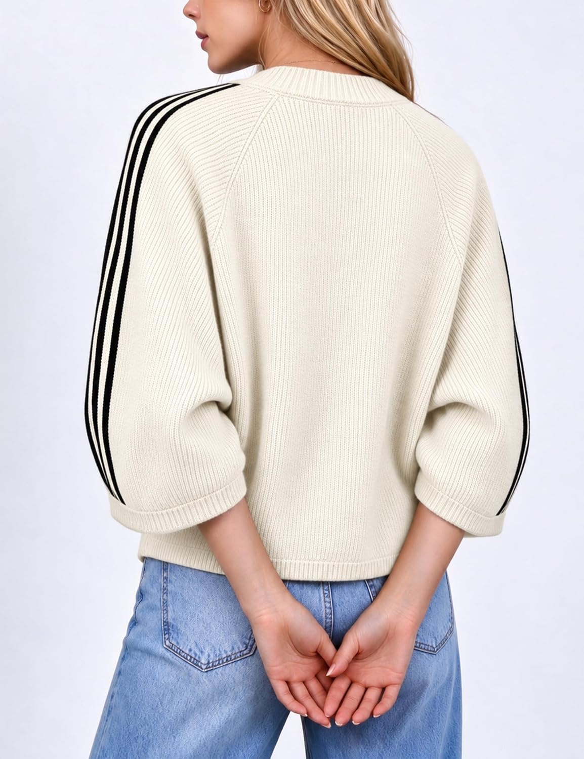 image:imageSpringrain Womens Striped Cardigan Crew Neck Button Down Knit SweaterBeige