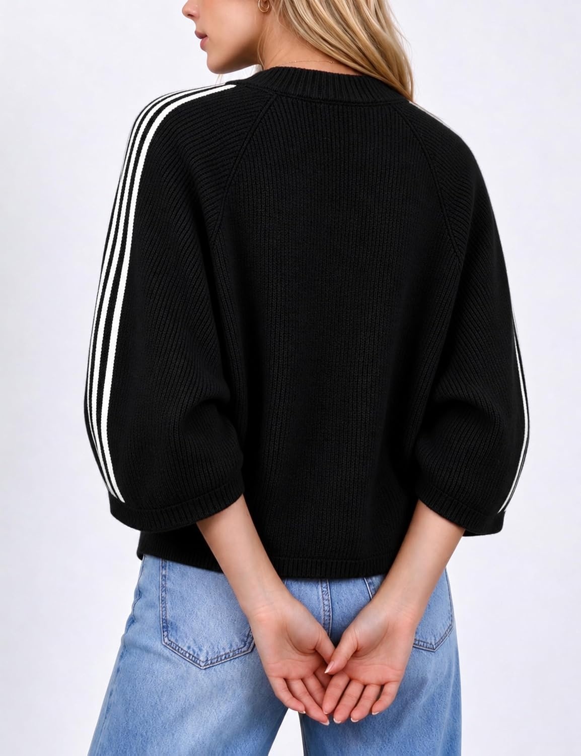 image:imageSpringrain Womens Striped Cardigan Crew Neck Button Down Knit SweaterBlack