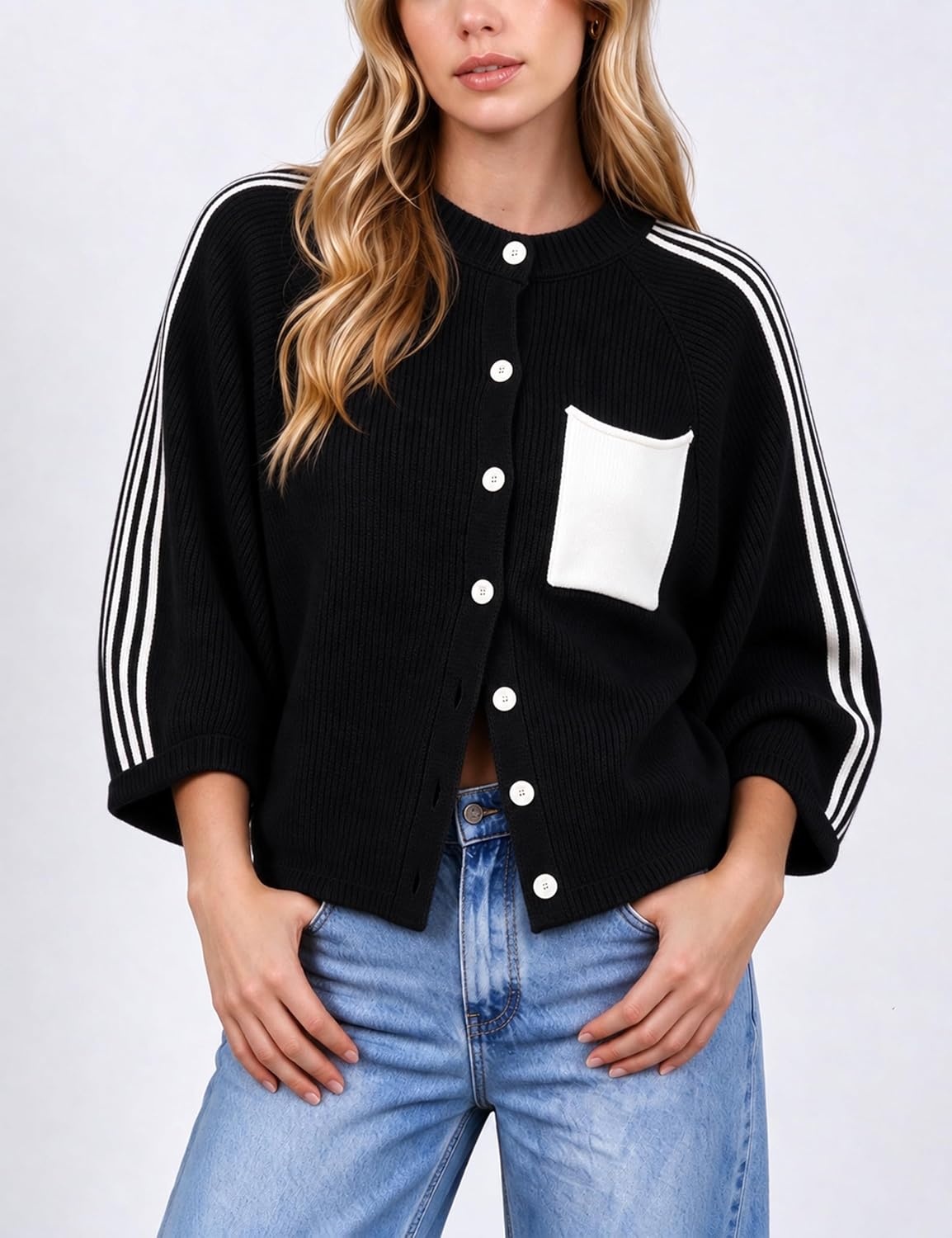 image:imageSpringrain Womens Striped Cardigan Crew Neck Button Down Knit SweaterBlack