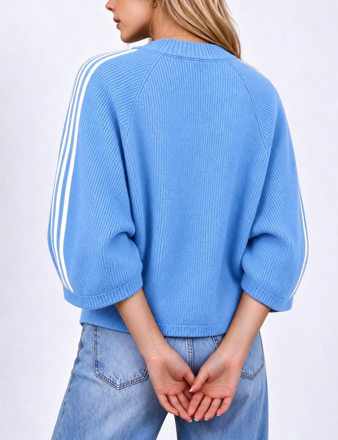image:imageSpringrain Womens Striped Cardigan Crew Neck Button Down Knit SweaterBlue