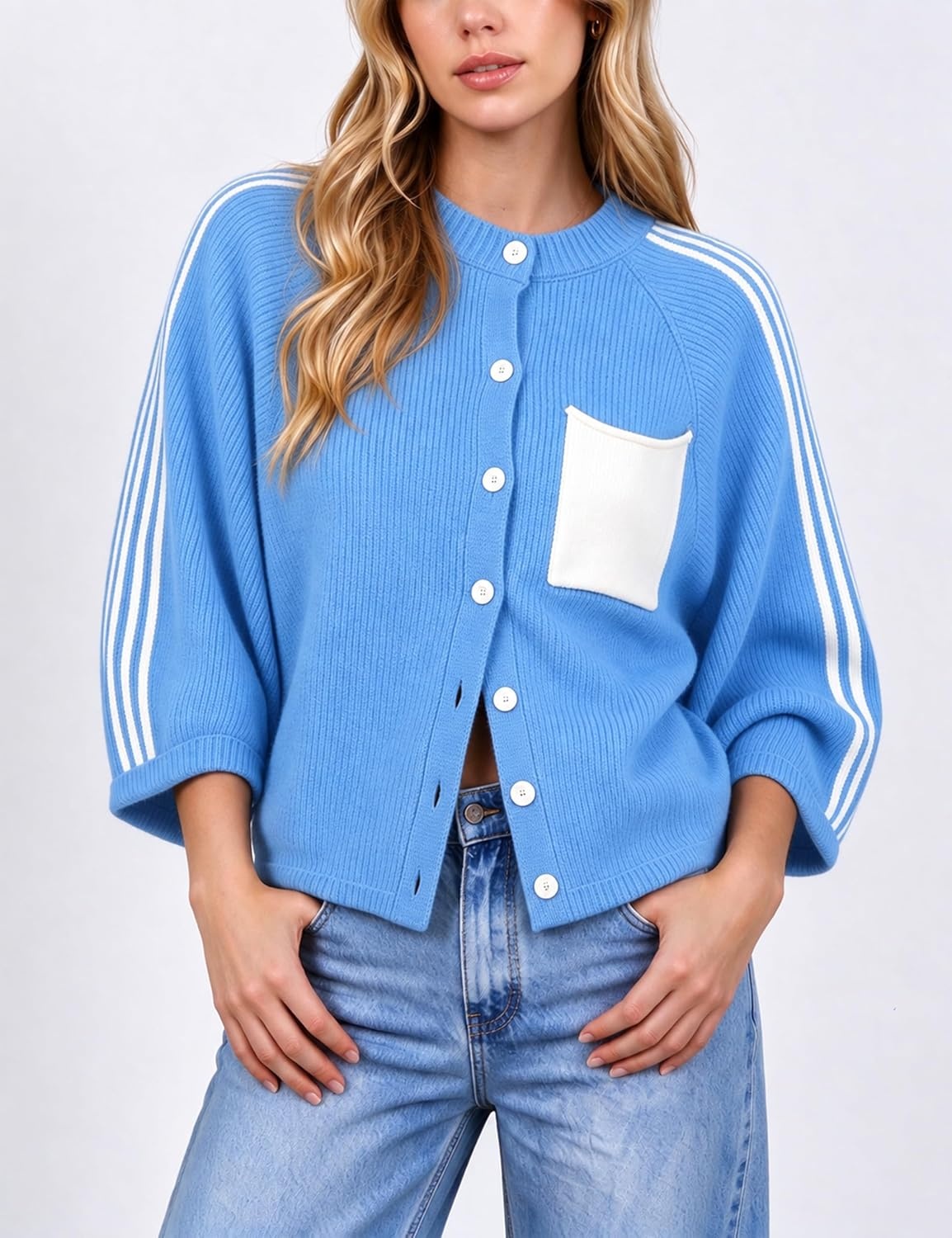 image:imageSpringrain Womens Striped Cardigan Crew Neck Button Down Knit SweaterBlue