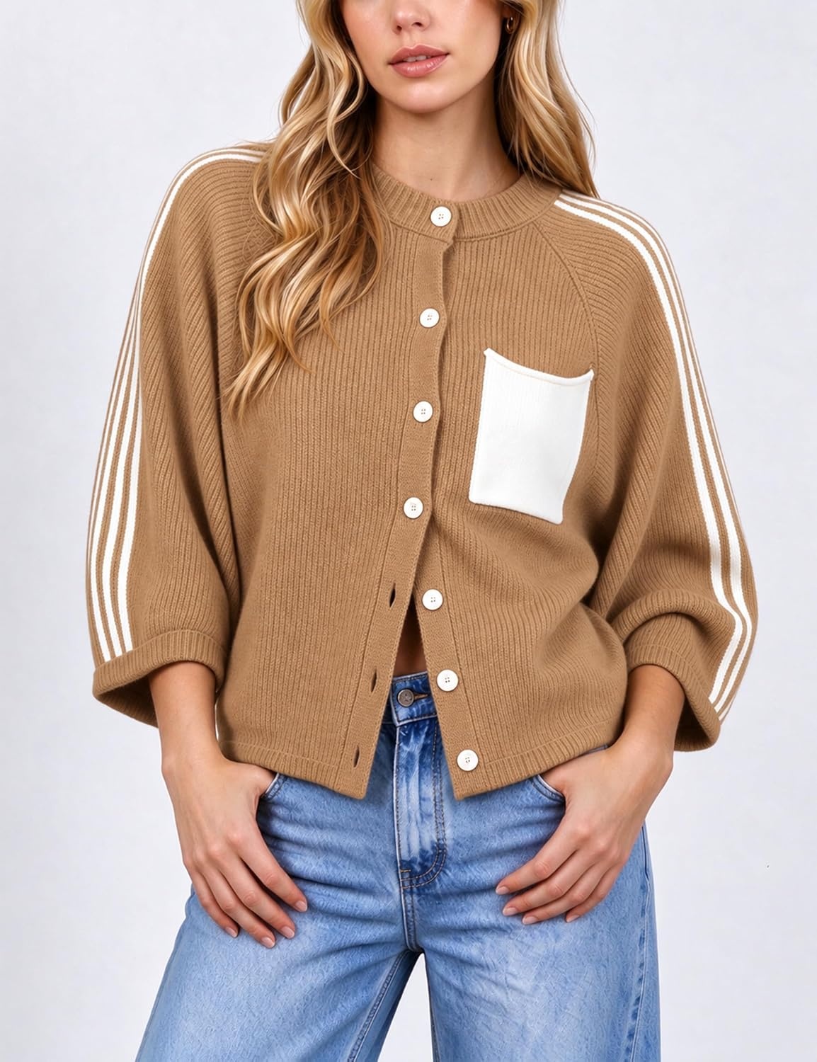 image:imageSpringrain Womens Striped Cardigan Crew Neck Button Down Knit SweaterCamel