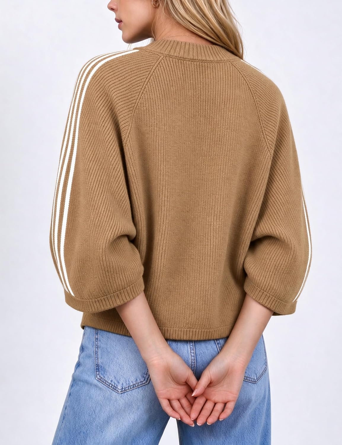 image:imageSpringrain Womens Striped Cardigan Crew Neck Button Down Knit SweaterCamel