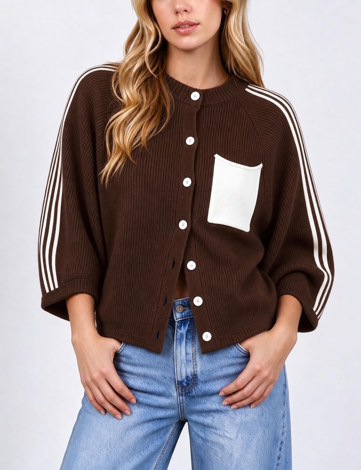 image:imageSpringrain Womens Striped Cardigan Crew Neck Button Down Knit SweaterCoffee