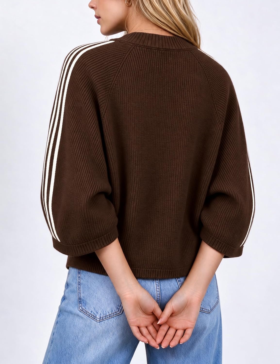 image:imageSpringrain Womens Striped Cardigan Crew Neck Button Down Knit SweaterCoffee