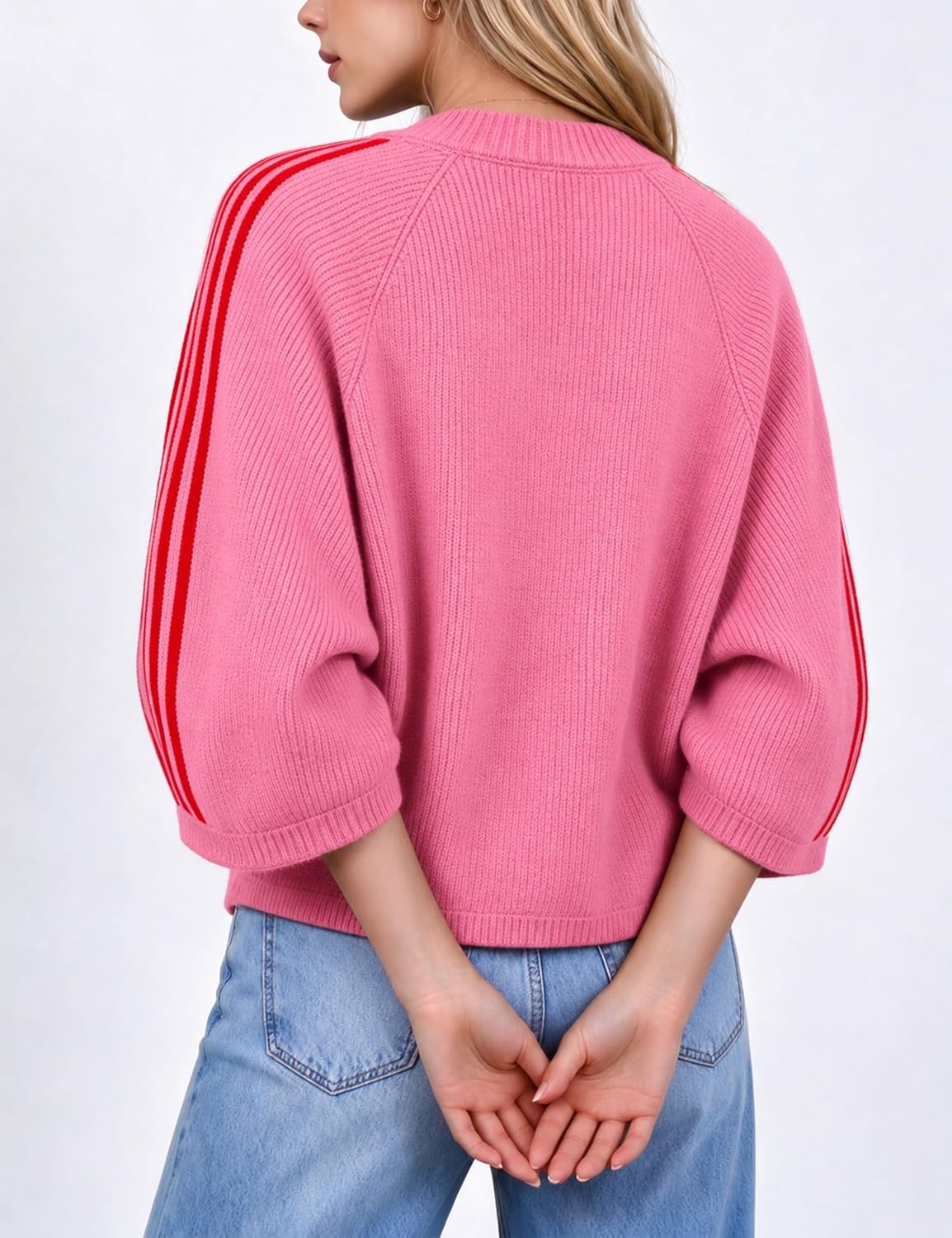 image:imageSpringrain Womens Striped Cardigan Crew Neck Button Down Knit SweaterPink