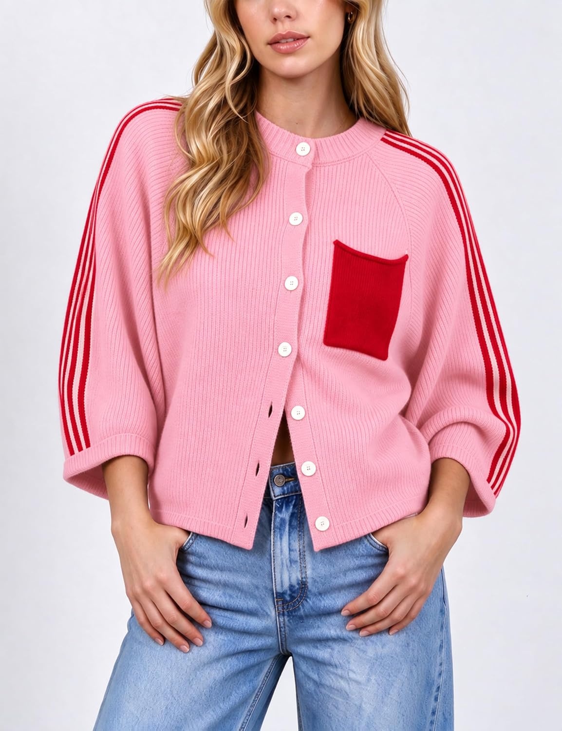 image:imageSpringrain Womens Striped Cardigan Crew Neck Button Down Knit SweaterPink
