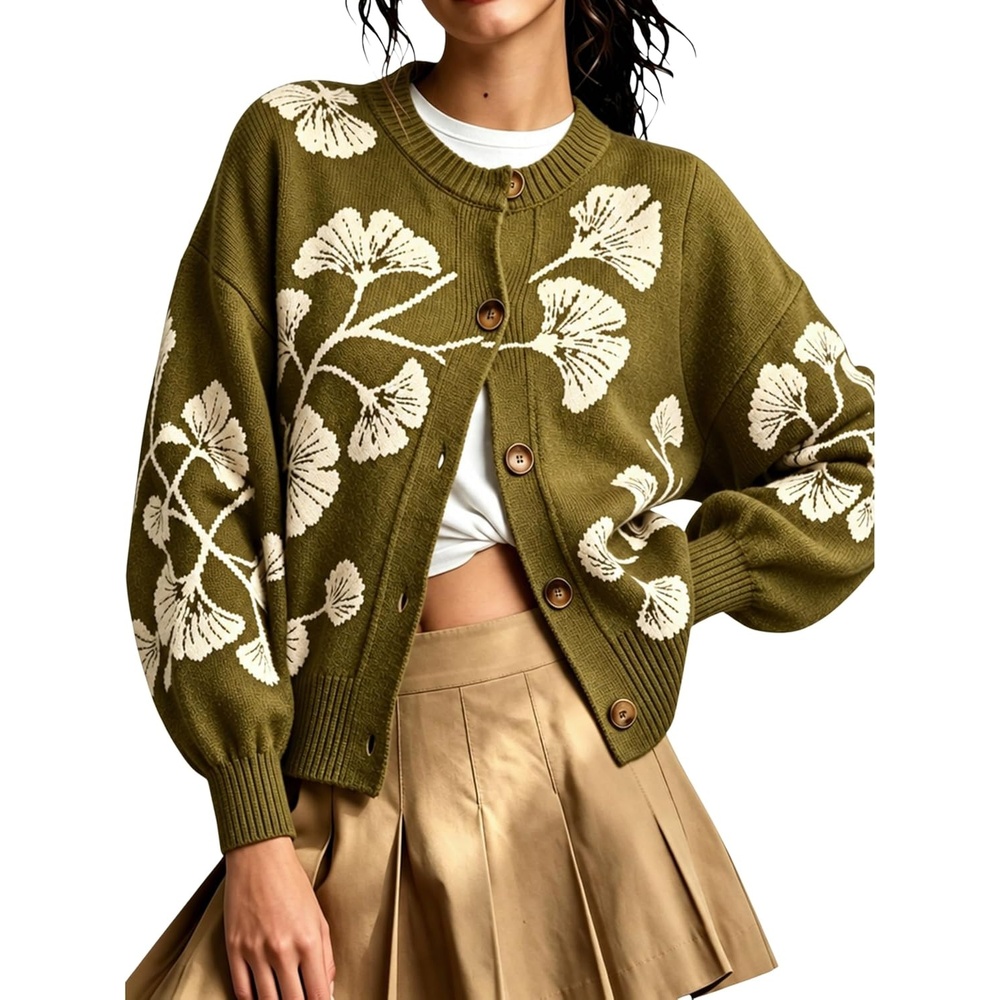 image:imageSpringrain Womens Floral Cardigan Crew Neck Button Down Knit SweaterArmygreen