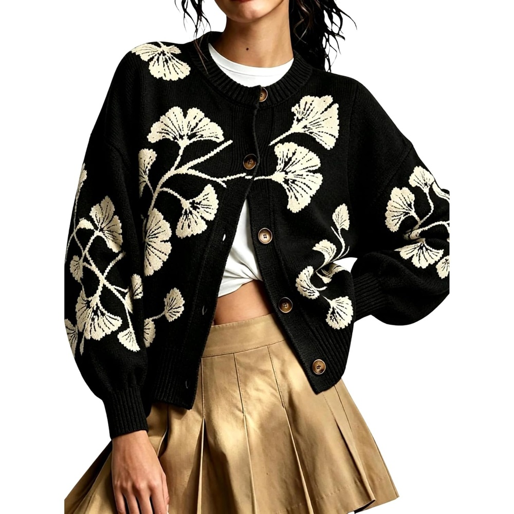 image:imageSpringrain Womens Floral Cardigan Crew Neck Button Down Knit SweaterBlack