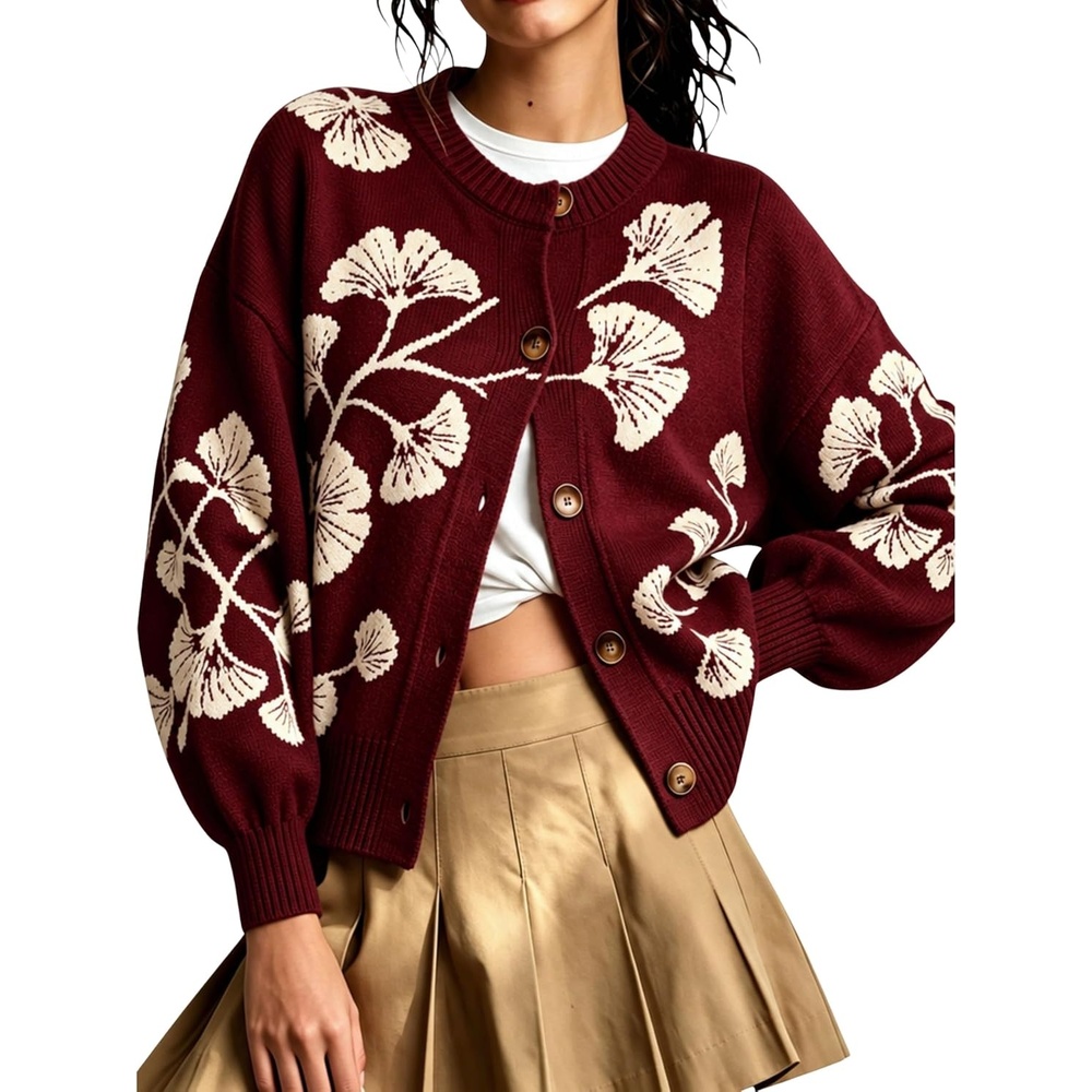 image:imageSpringrain Womens Floral Cardigan Crew Neck Button Down Knit SweaterBurgundy