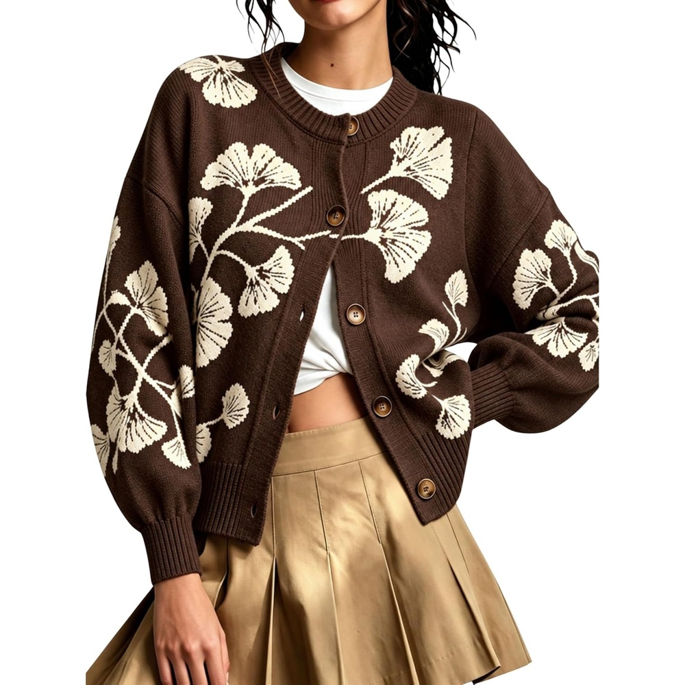 image:imageSpringrain Womens Floral Cardigan Crew Neck Button Down Knit SweaterCoffee