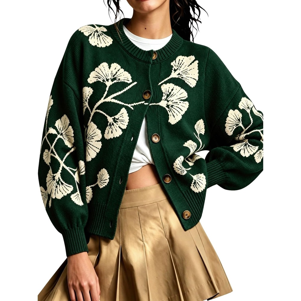image:imageSpringrain Womens Floral Cardigan Crew Neck Button Down Knit SweaterDarkgreen