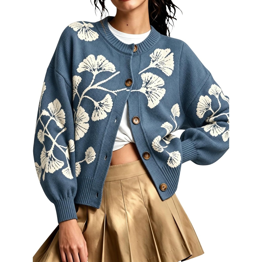 image:imageSpringrain Womens Floral Cardigan Crew Neck Button Down Knit SweaterDustyblue