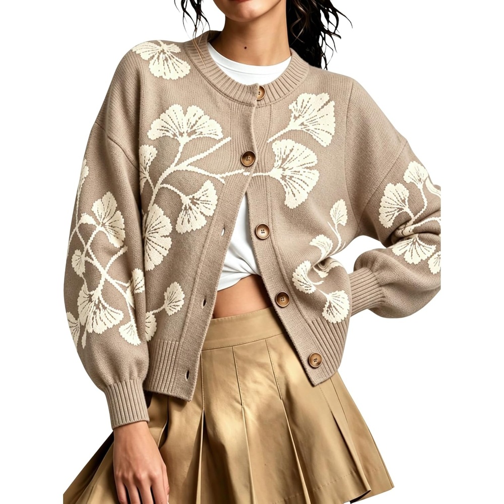 image:imageSpringrain Womens Floral Cardigan Crew Neck Button Down Knit SweaterKhaki