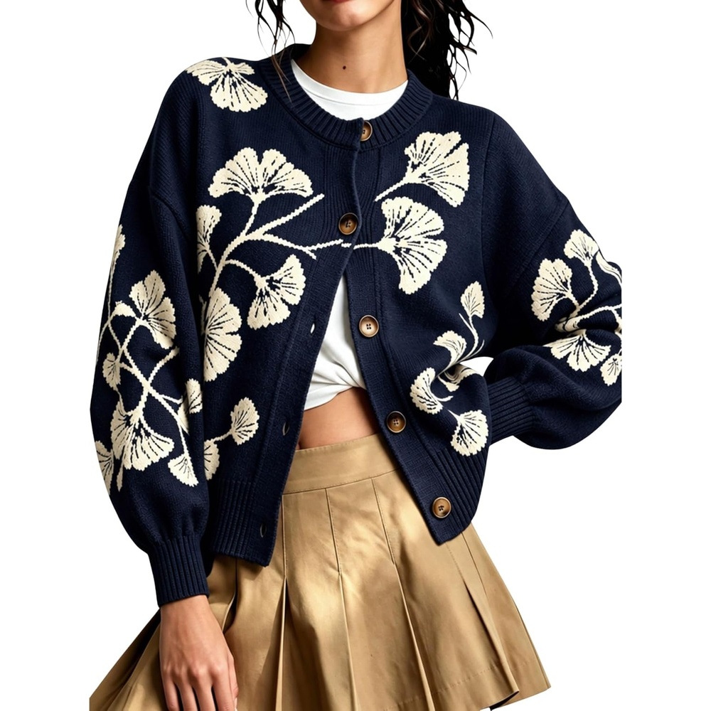 image:imageSpringrain Womens Floral Cardigan Crew Neck Button Down Knit SweaterNavy