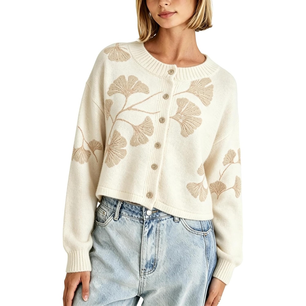 image:imageSpringrain Womens Floral Cropped Cardigan V Neck Button Down Knit SweaterBeige