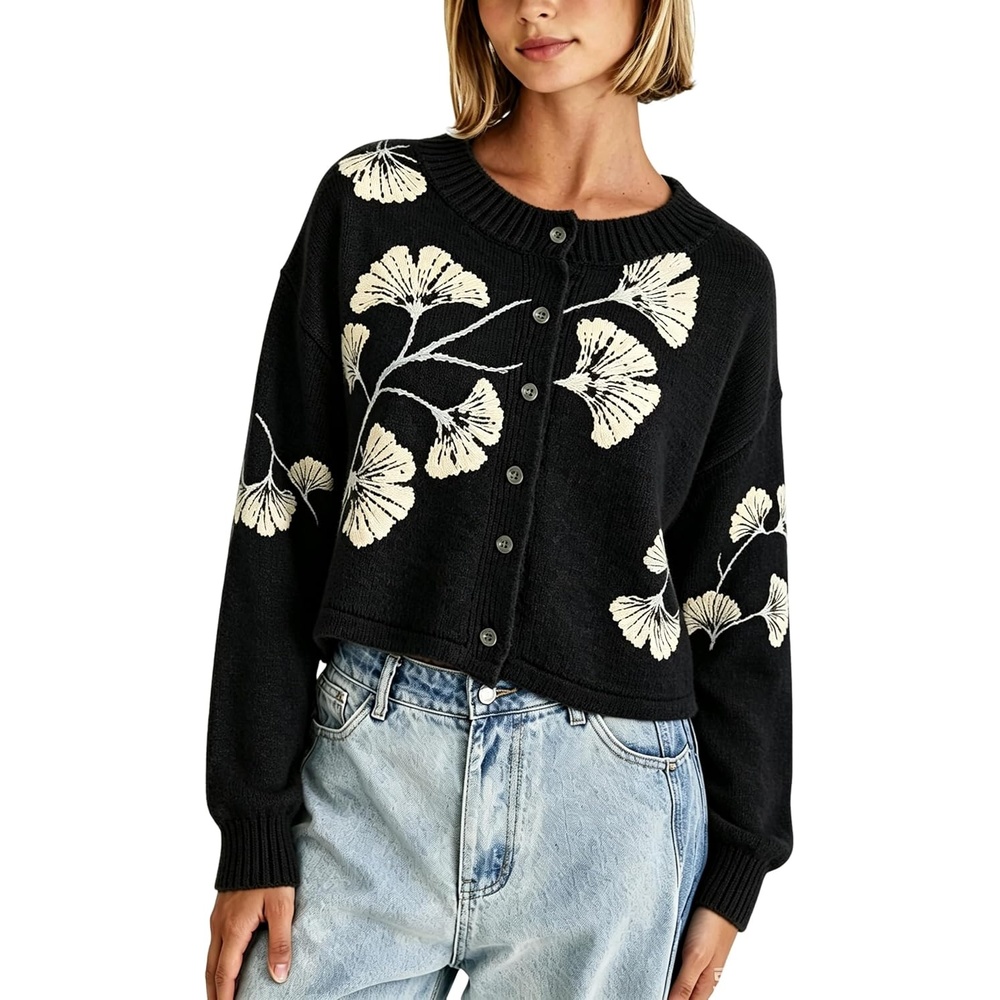 image:imageSpringrain Womens Floral Cropped Cardigan V Neck Button Down Knit SweaterBlack